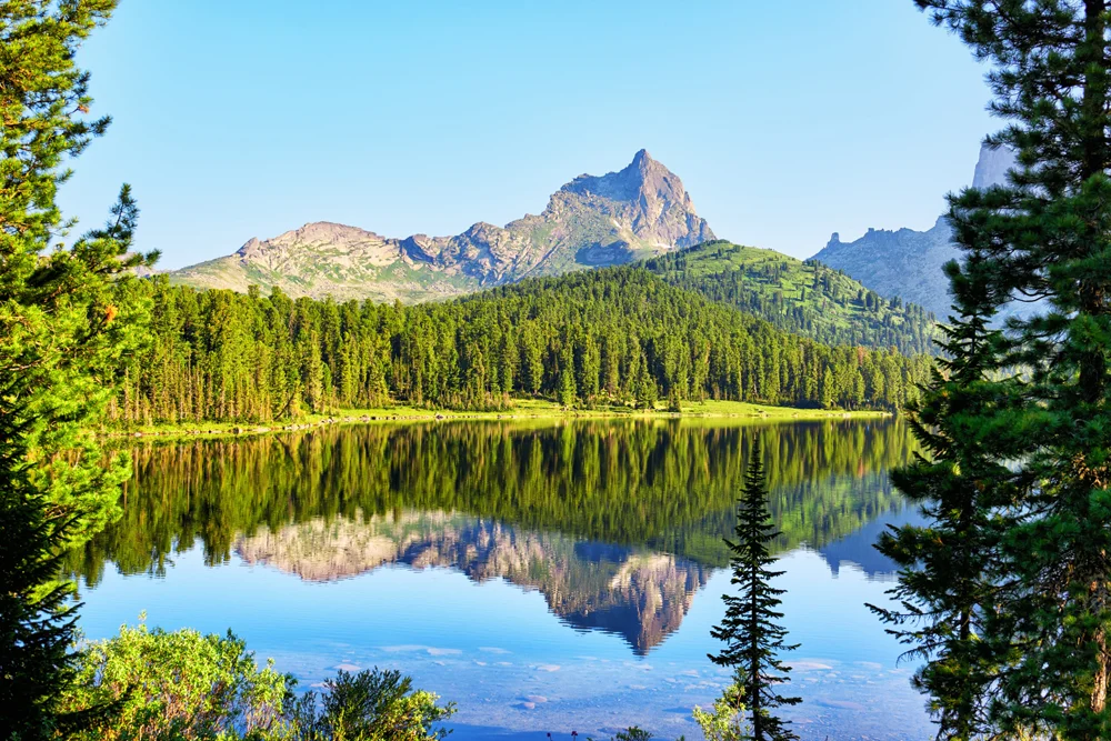 Mountain peak and clean lake. Ergaki Ridge. Western Sayan. Russia